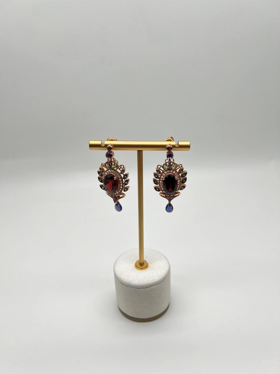 Red Garnet Multi Green Blue Sapphire Peridot Diamonds Gold Statement Earrings