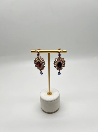 Red Garnet Multi Green Blue Sapphire Peridot Diamonds Gold Statement Earrings
