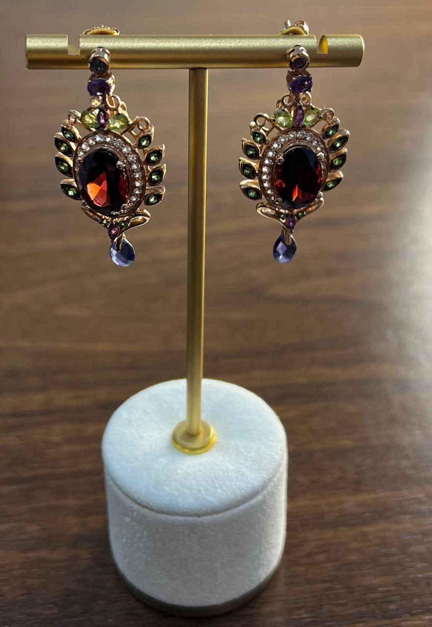 Red Garnet Multi Green Blue Sapphire Peridot Diamonds Gold Statement Earrings