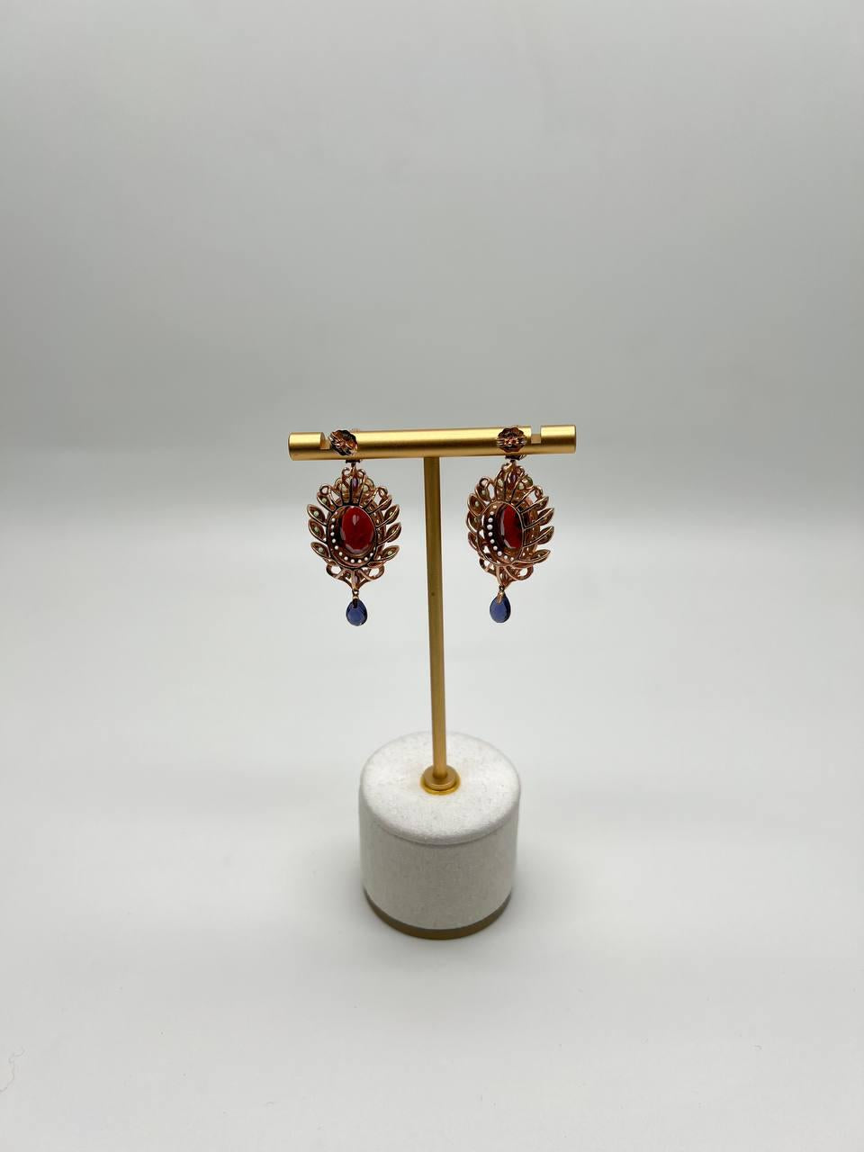 Red Garnet Multi Green Blue Sapphire Peridot Diamonds Gold Statement Earrings