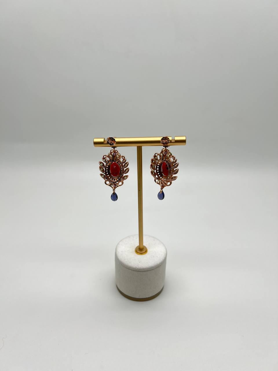 Red Garnet Multi Green Blue Sapphire Peridot Diamonds Gold Statement Earrings