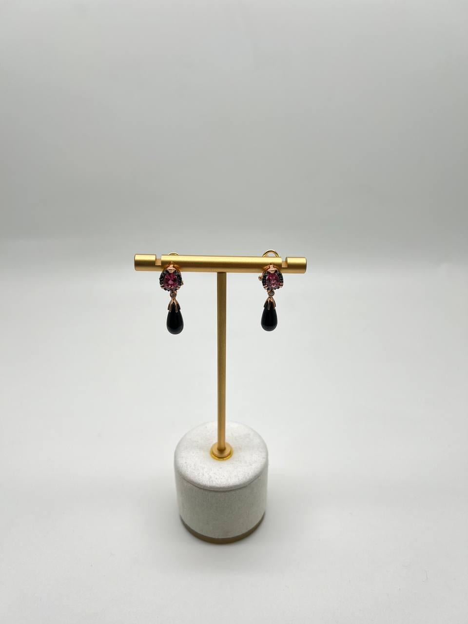 Black Onyx Briolette Black Diamonds Red Garnets Tear Drop 14K Rose Gold Earrings