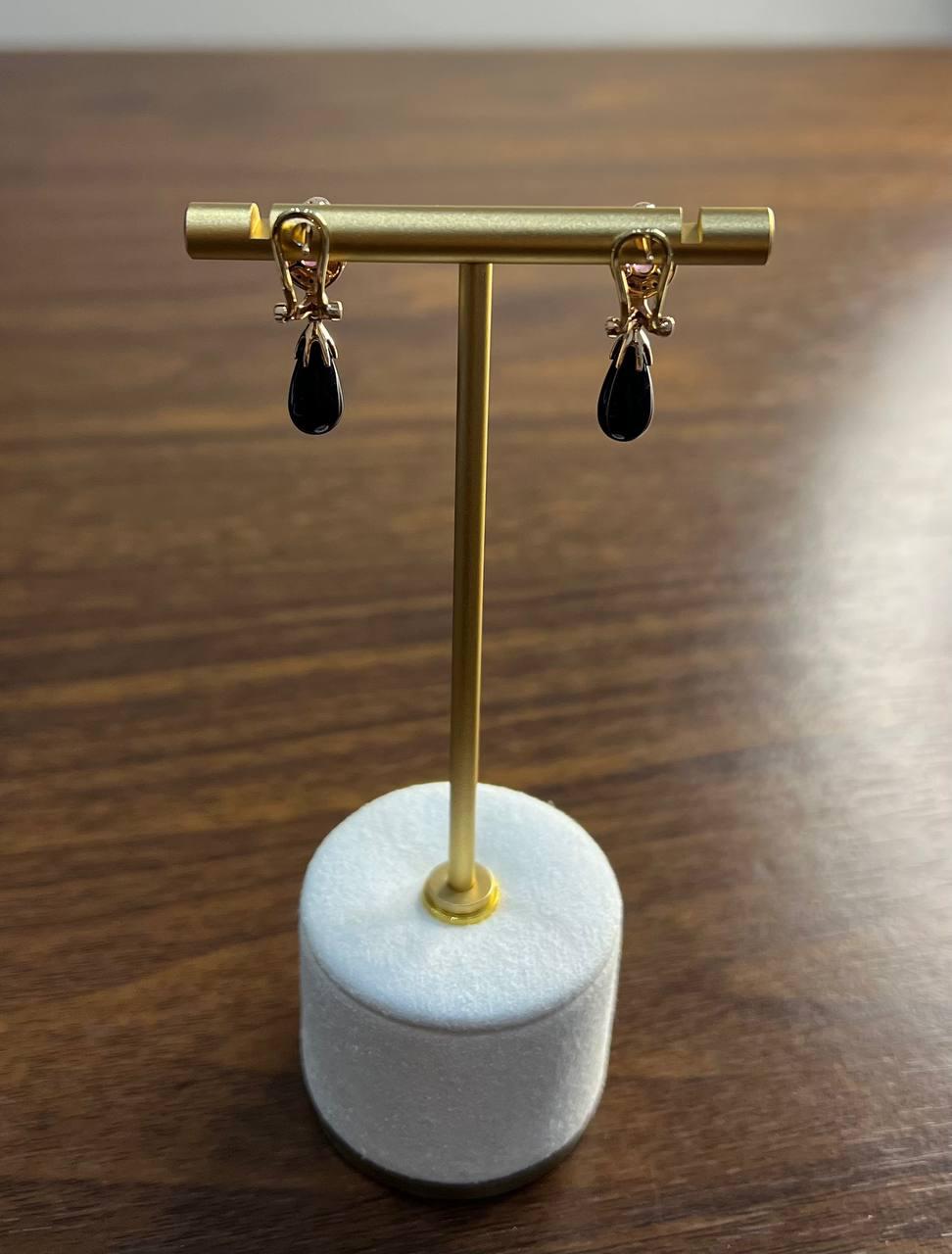 Black Onyx Briolette Black Diamonds Red Garnets Tear Drop 14K Rose Gold Earrings