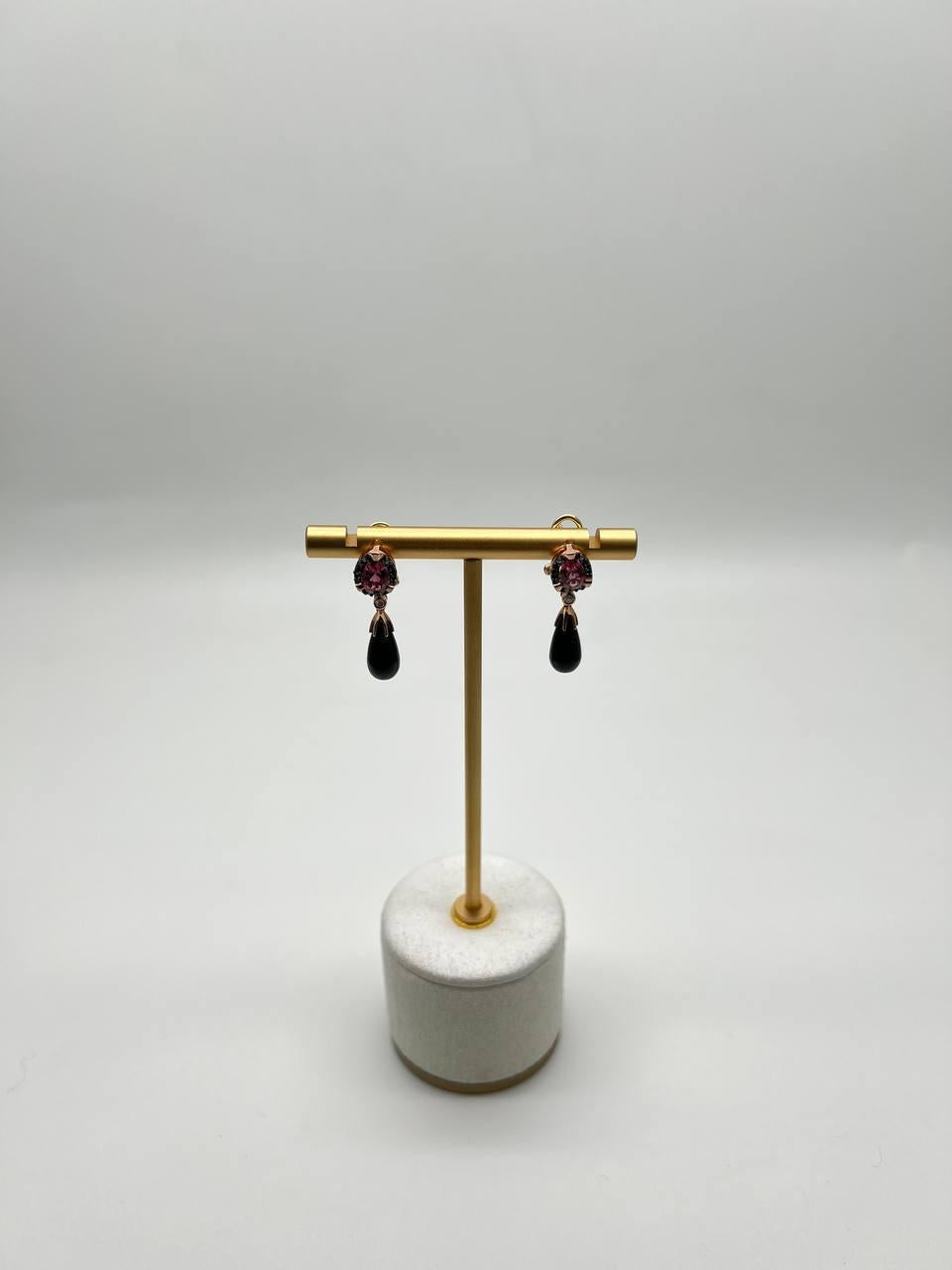 Black Onyx Briolette Black Diamonds Red Garnets Tear Drop 14K Rose Gold Earrings