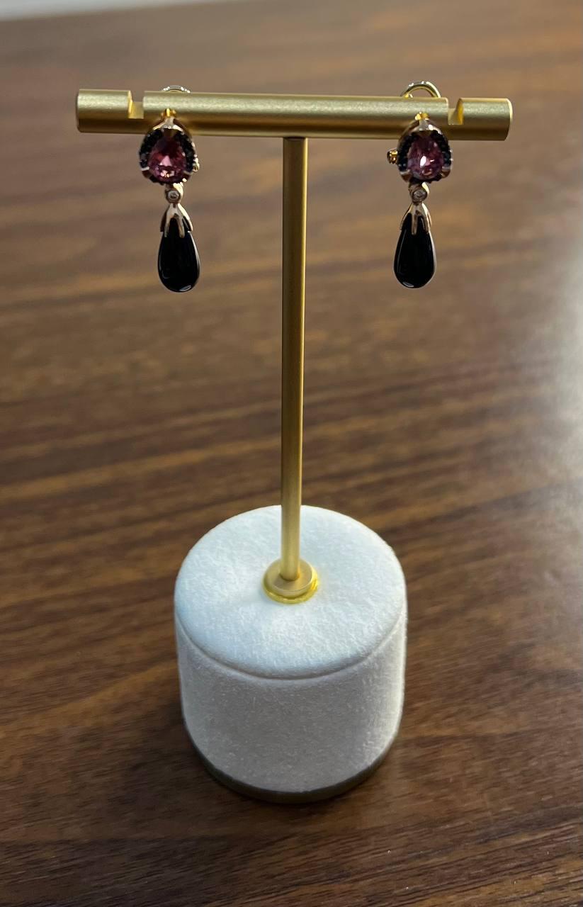 Black Onyx Briolette Black Diamonds Red Garnets Tear Drop 14K Rose Gold Earrings