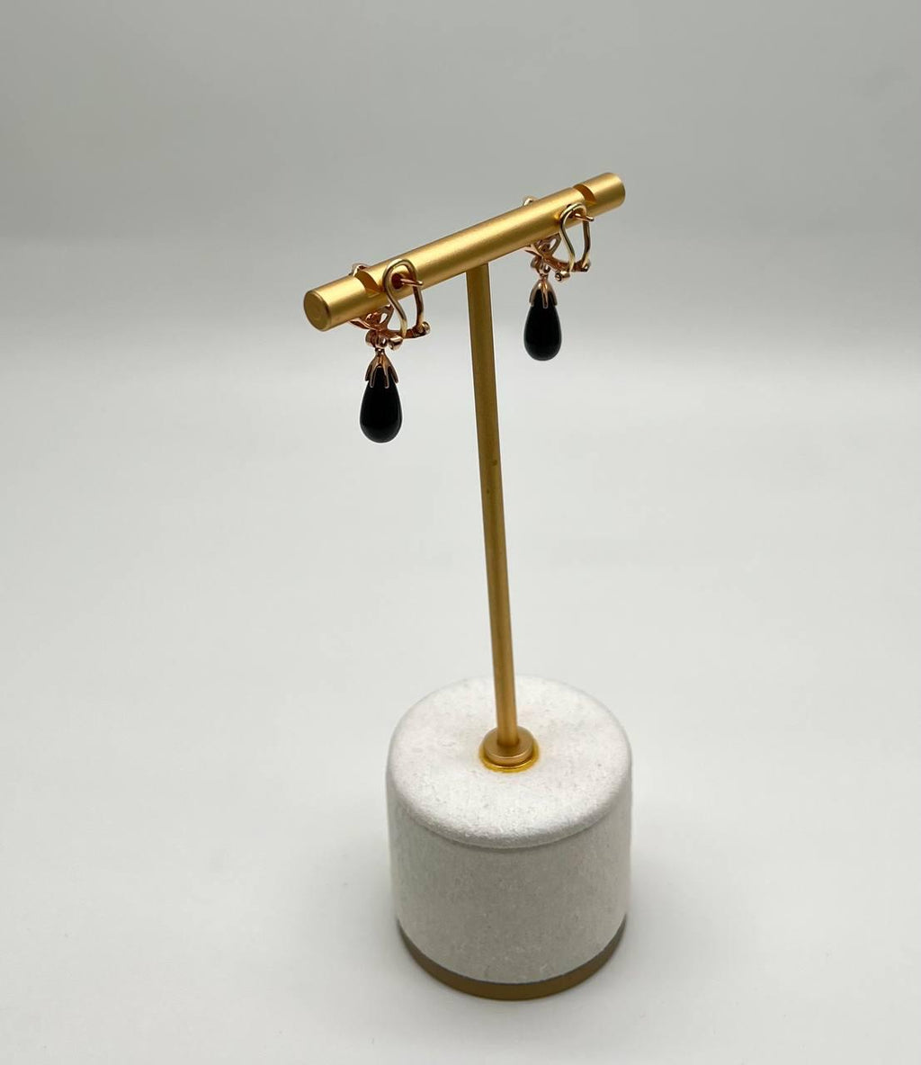 Black Onyx Briolette Black Diamonds Red Garnets Tear Drop 14K Rose Gold Earrings