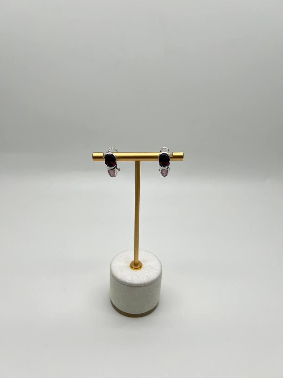 Oval Cut Dark Red Garnet 14K White Gold Huggie Small Hoop Statement Earrings