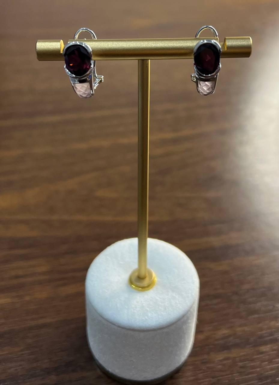 Oval Cut Dark Red Garnet 14K White Gold Huggie Small Hoop Statement Earrings