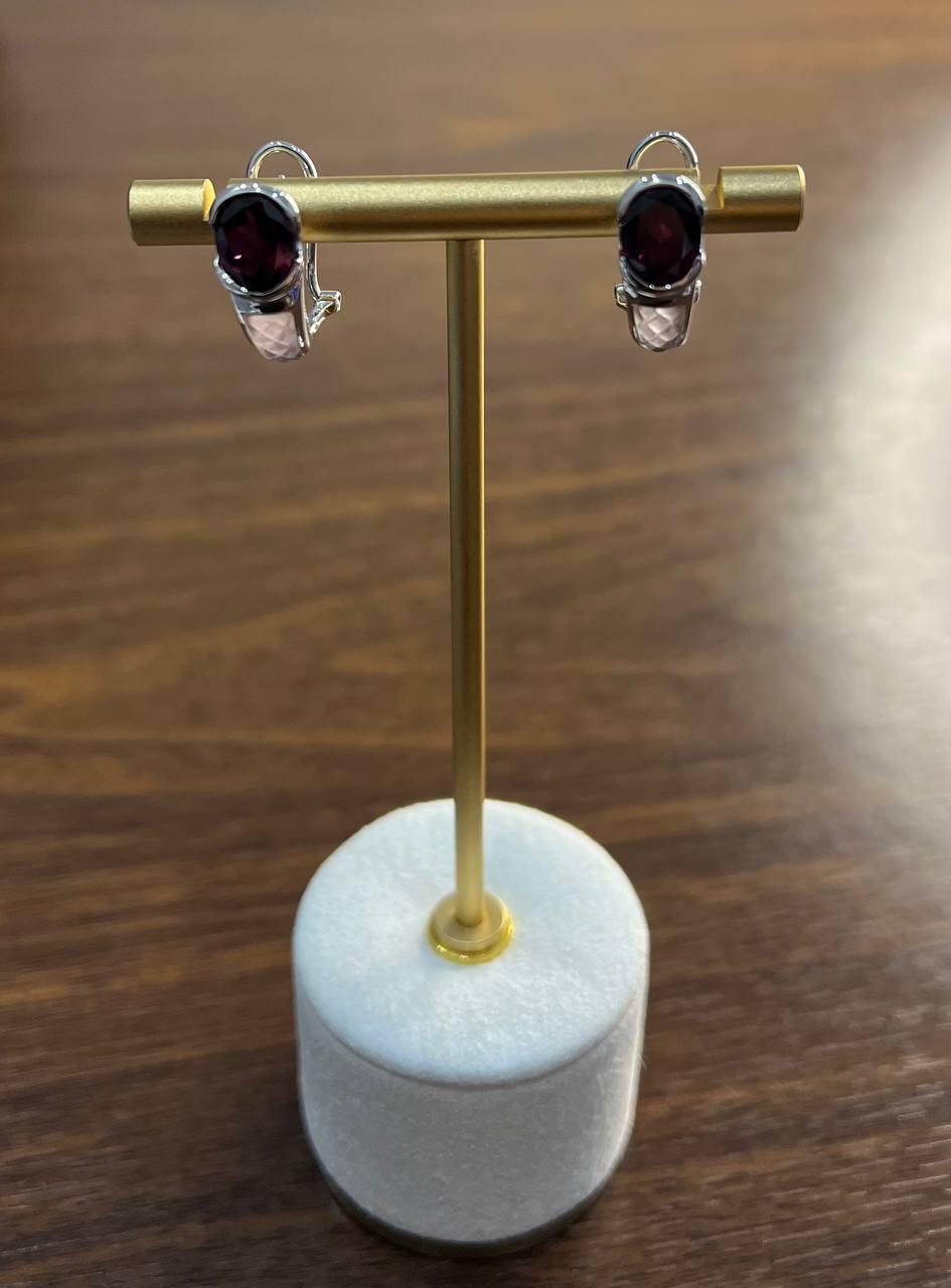 Oval Cut Dark Red Garnet 14K White Gold Huggie Small Hoop Statement Earrings