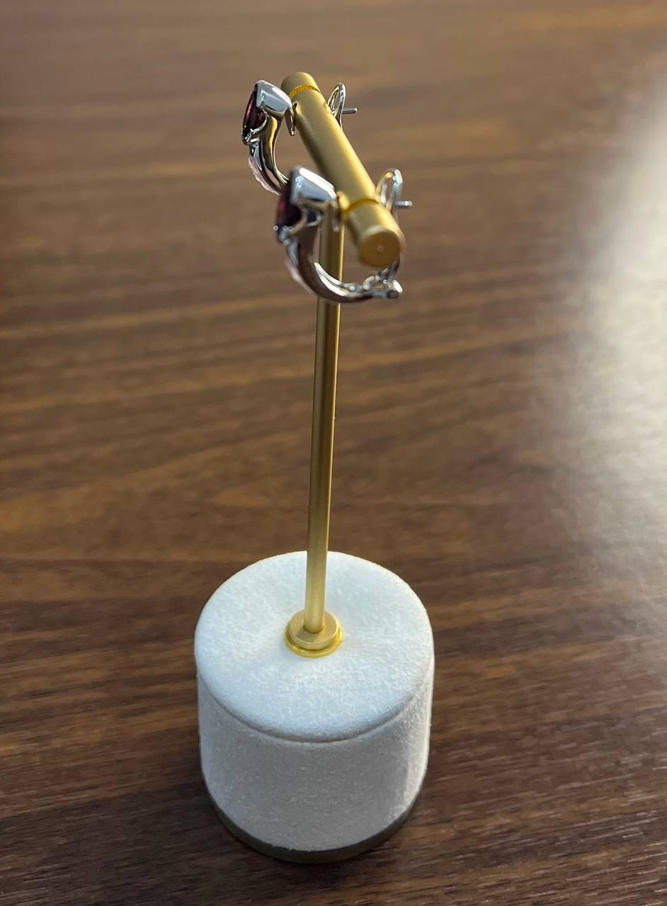 Oval Cut Dark Red Garnet 14K White Gold Huggie Small Hoop Statement Earrings