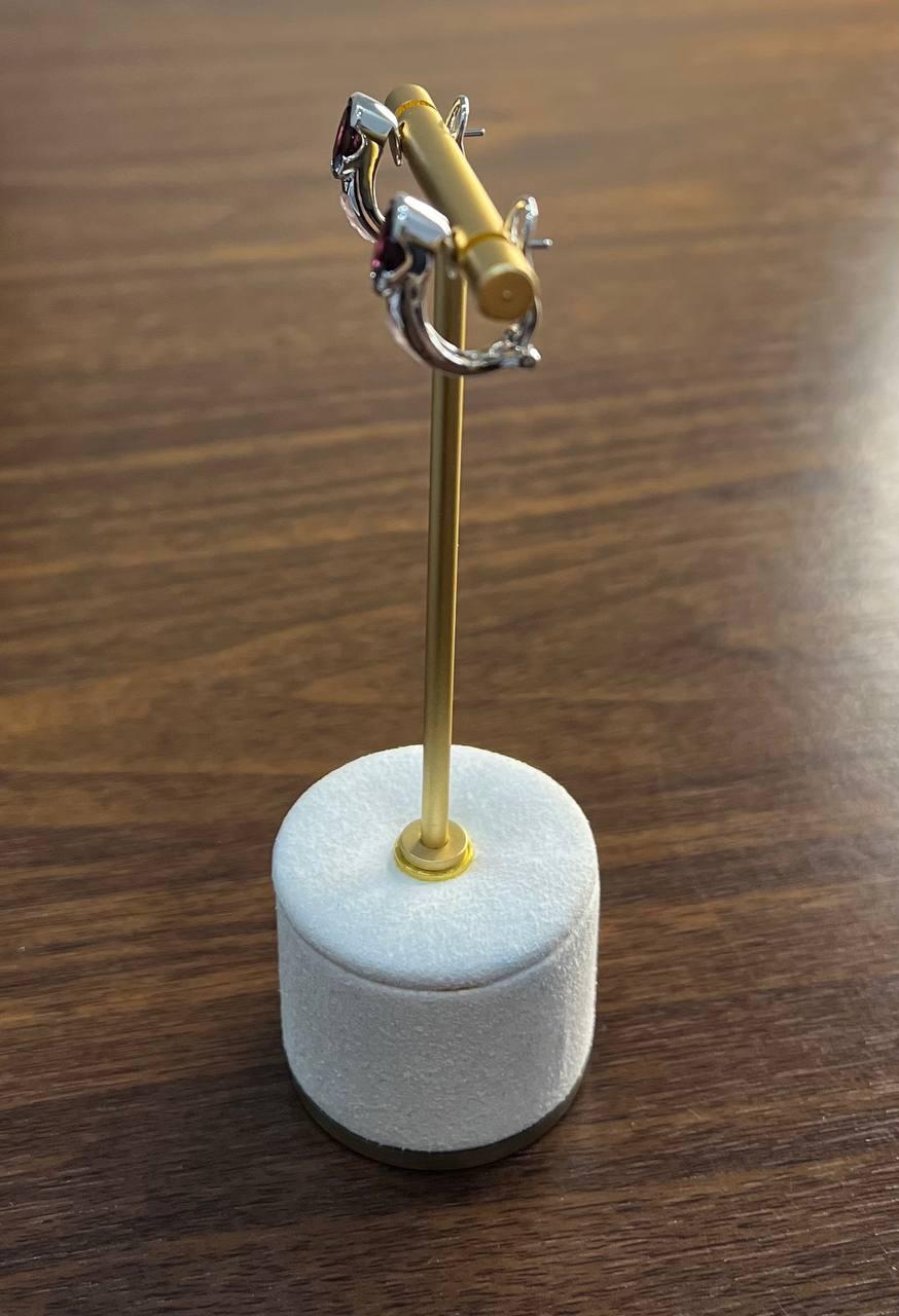 Oval Cut Dark Red Garnet 14K White Gold Huggie Small Hoop Statement Earrings