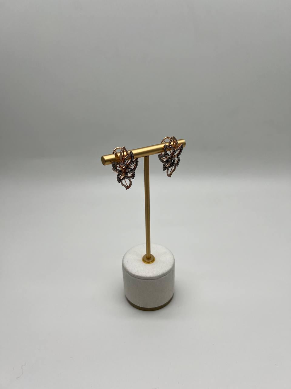 Gold Floral Leaf Symbol White Champagne Diamond Statement 14K Gold Earrings