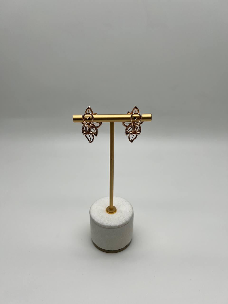 Gold Floral Leaf Symbol White Champagne Diamond Statement 14K Gold Earrings