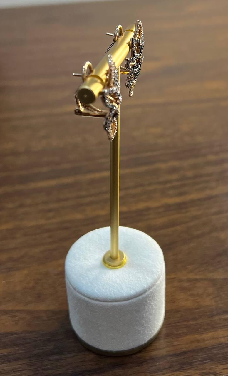 Gold Floral Leaf Symbol White Champagne Diamond Statement 14K Gold Earrings