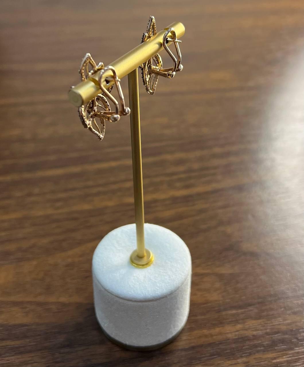 Gold Floral Leaf Symbol White Champagne Diamond Statement 14K Gold Earrings