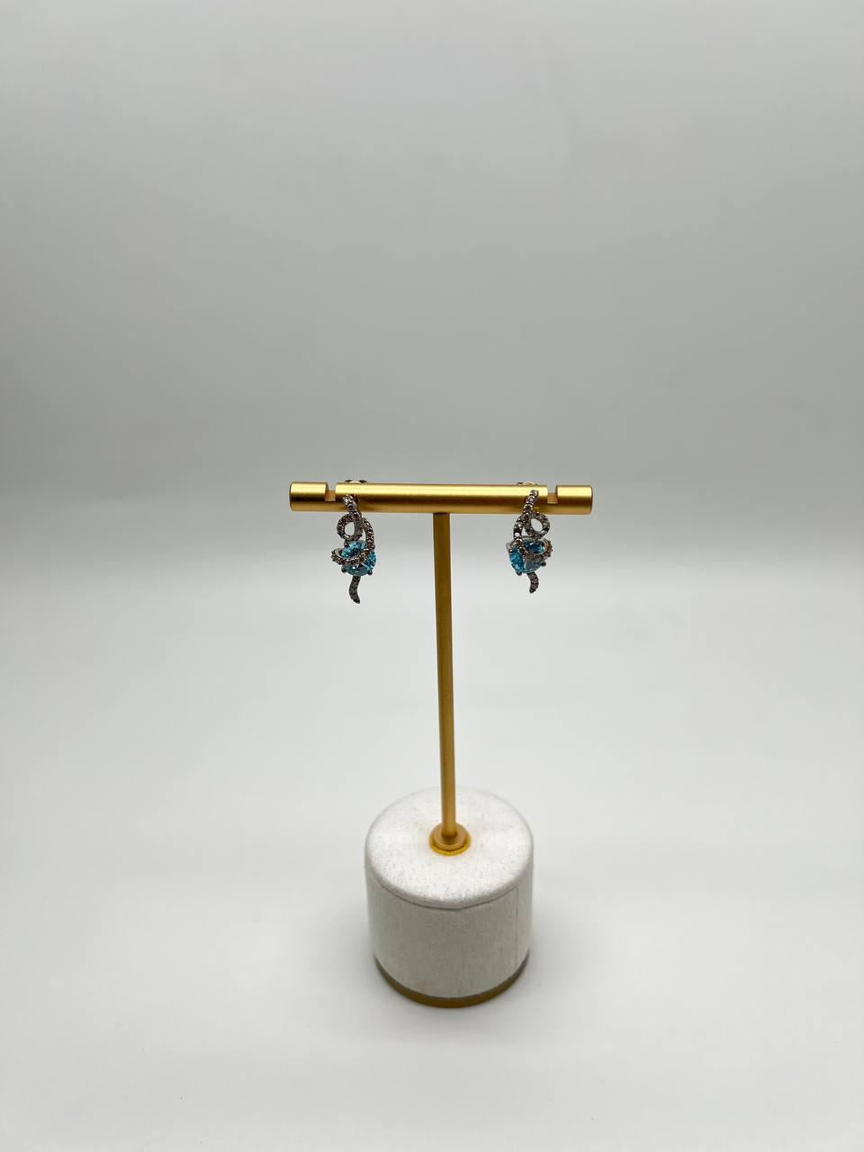 Fancy Blue Topaz White Champagne Diamond Halo 14K White Gold Fancy Earrings