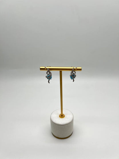 Fancy Blue Topaz White Champagne Diamond Halo 14K White Gold Fancy Earrings