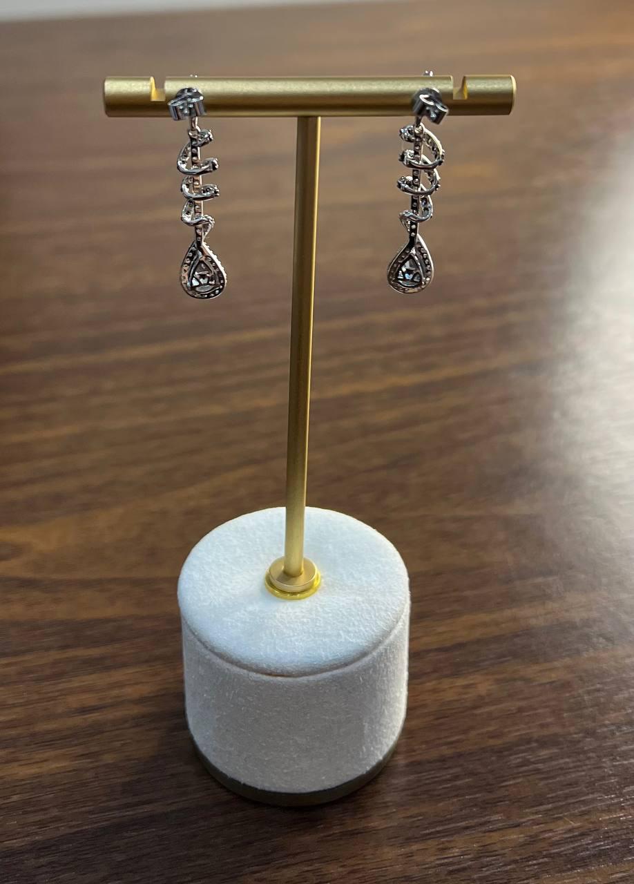 Pear Teardrop Blue Sapphire White Diamonds Spiral 14K White Gold Drop Earrings