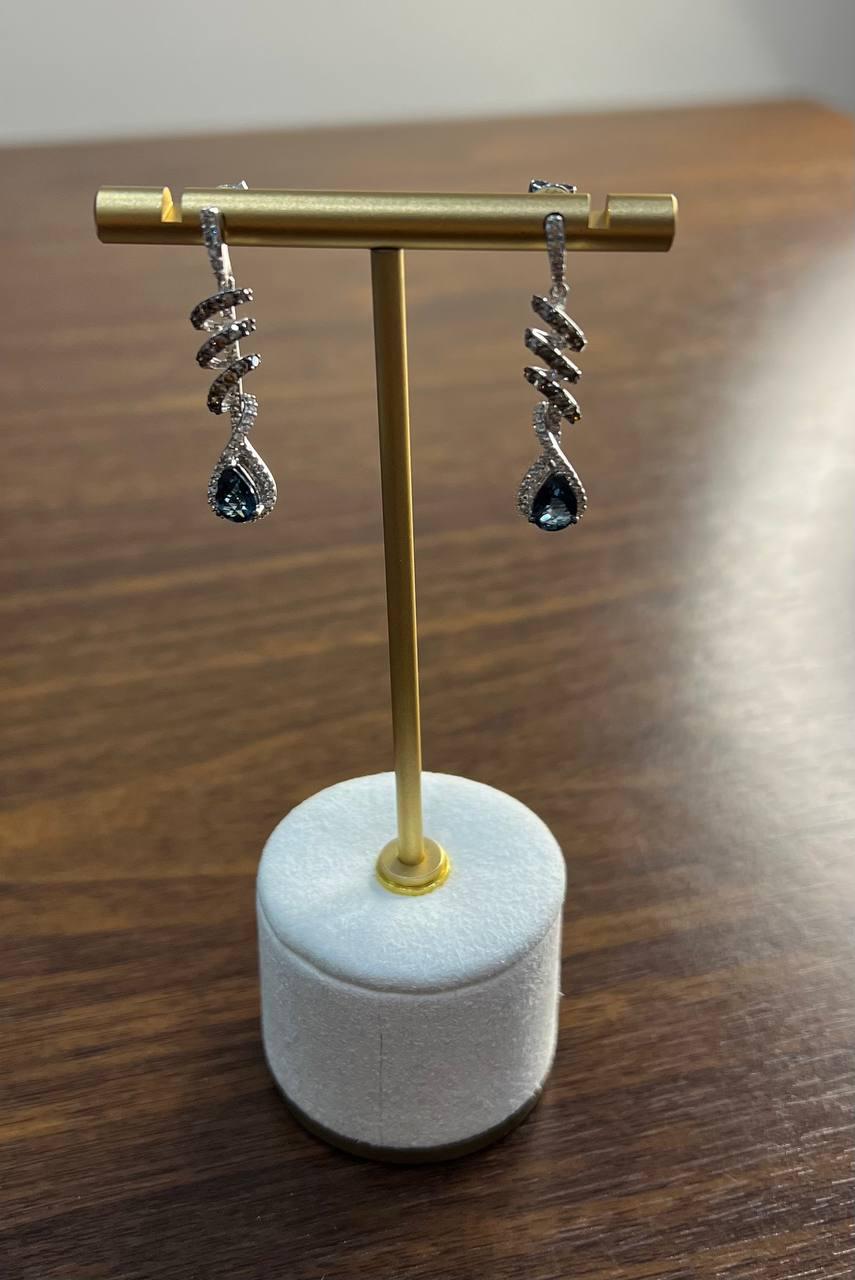 Pear Teardrop Blue Sapphire White Diamonds Spiral 14K White Gold Drop Earrings