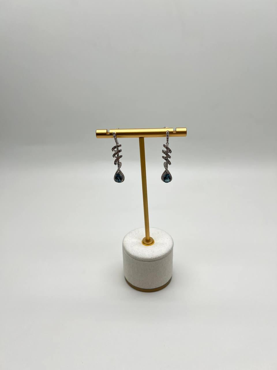 Pear Teardrop Blue Sapphire White Diamonds Spiral 14K White Gold Drop Earrings