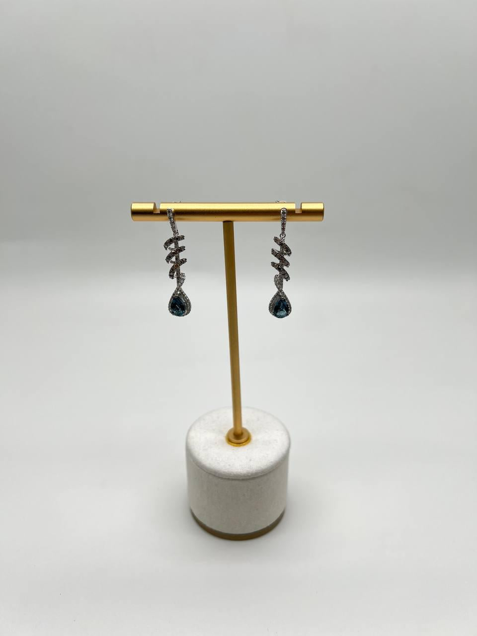 Pear Teardrop Blue Sapphire White Diamonds Spiral 14K White Gold Drop Earrings