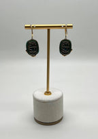Dark Green Carved Agate Diamond Accent 14K Yellow Gold Drop Hook Earrings