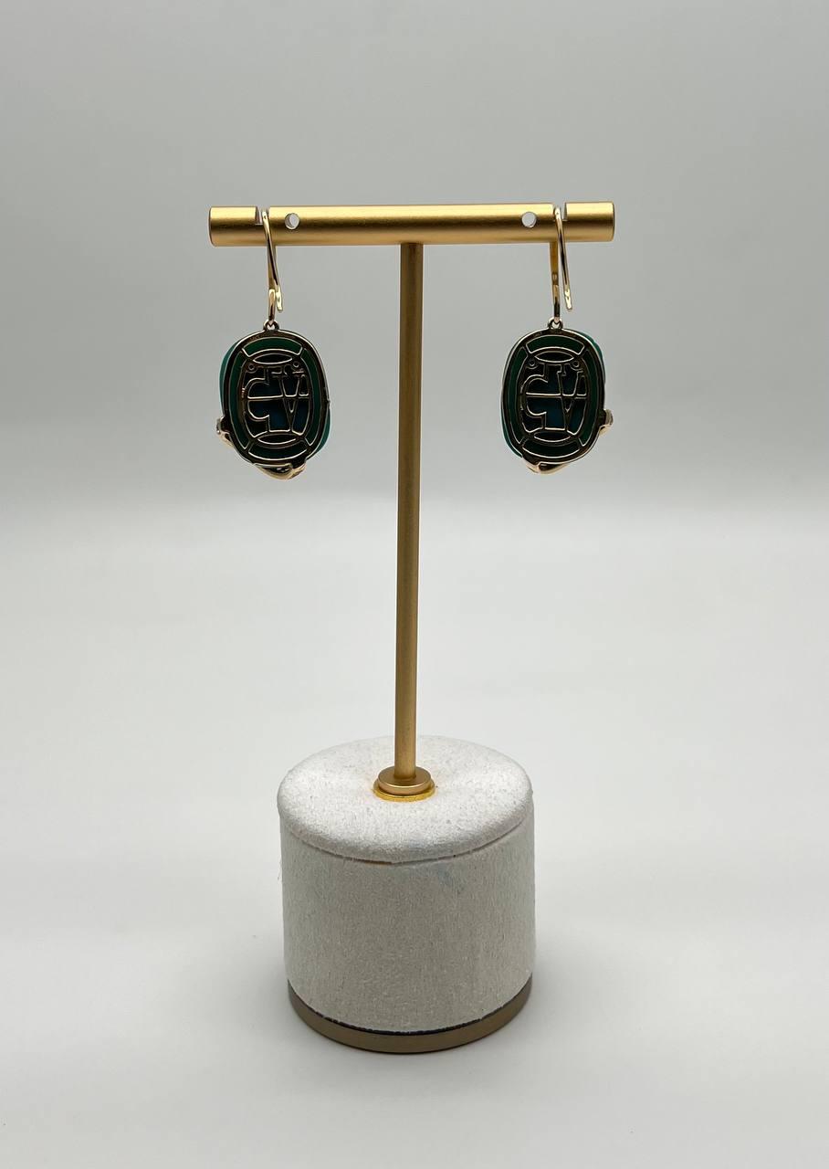 Dark Green Carved Agate Diamond Accent 14K Yellow Gold Drop Hook Earrings