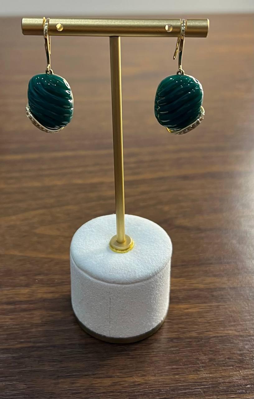 Dark Green Carved Agate Diamond Accent 14K Yellow Gold Drop Hook Earrings