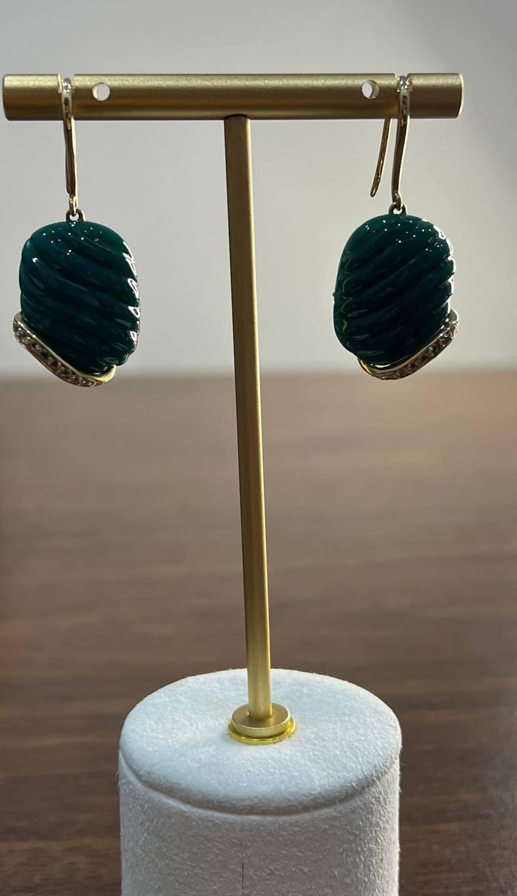 Dark Green Carved Agate Diamond Accent 14K Yellow Gold Drop Hook Earrings