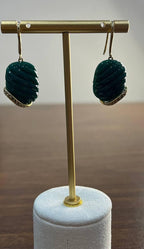 Dark Green Carved Agate Diamond Accent 14K Yellow Gold Drop Hook Earrings