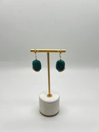 Dark Green Carved Agate Diamond Accent 14K Yellow Gold Drop Hook Earrings