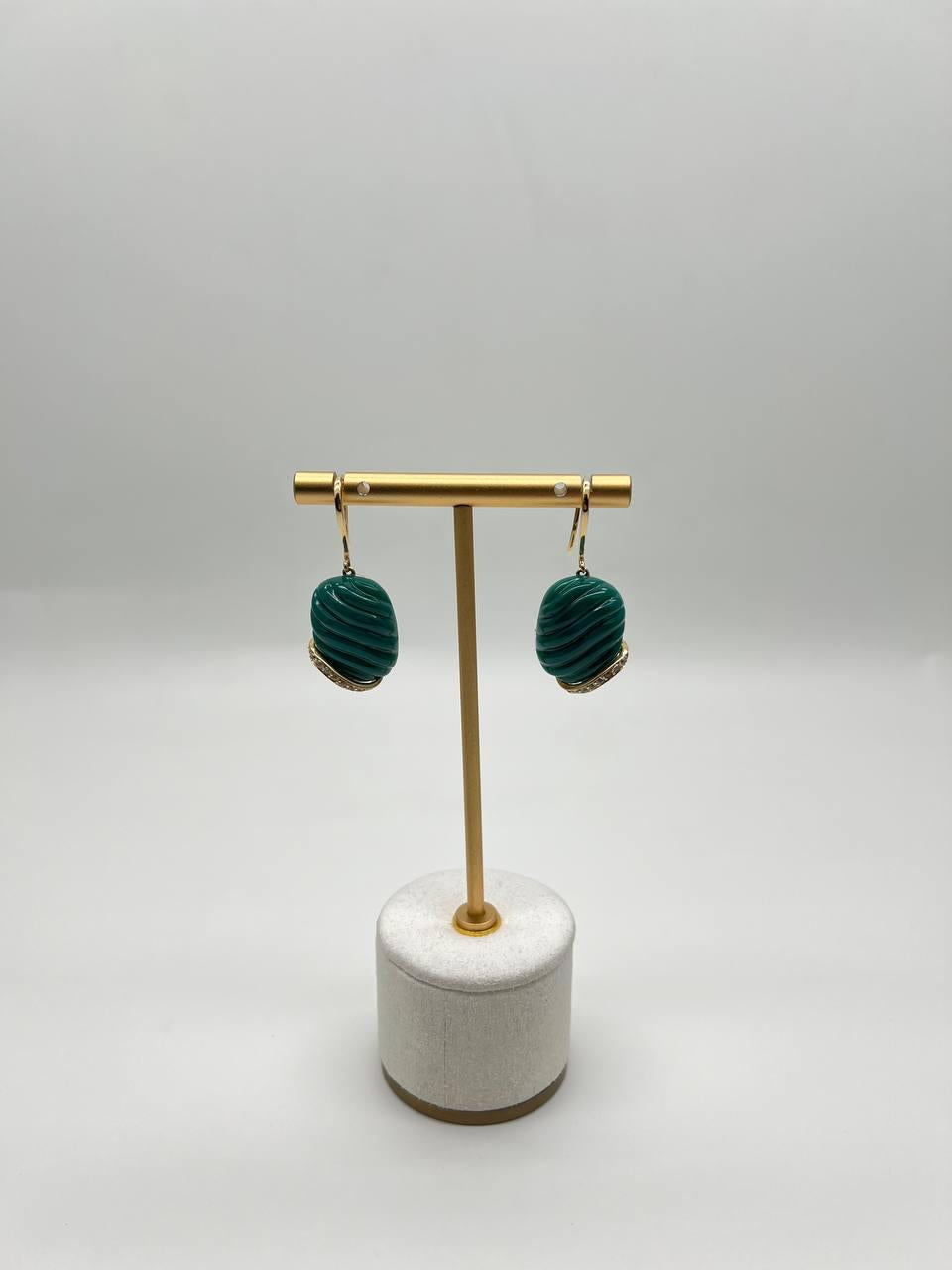 Dark Green Carved Agate Diamond Accent 14K Yellow Gold Drop Hook Earrings