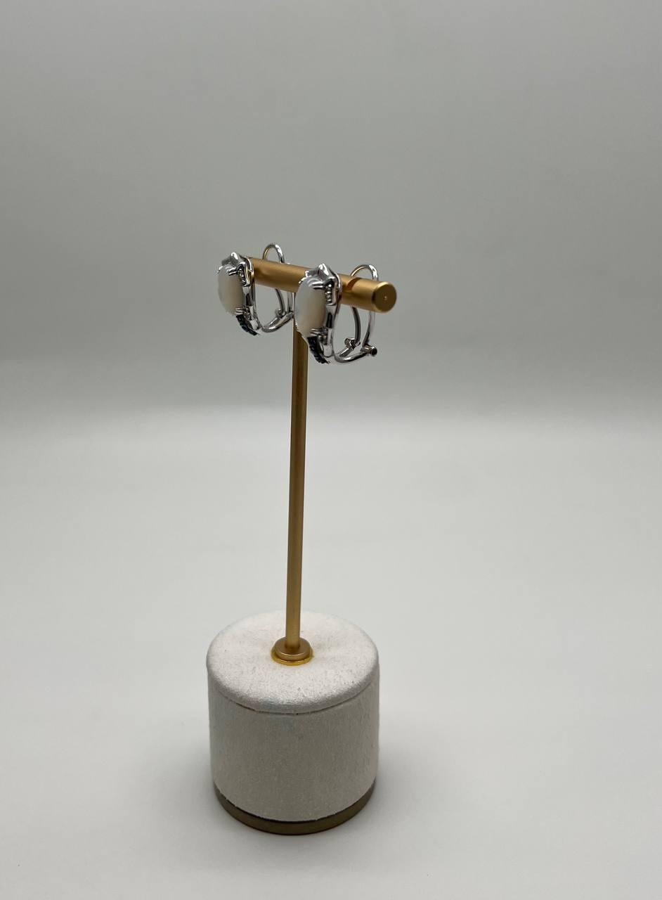 White Mother of Pearl Center Stone 14K White Stone Diamond Statement Earrings