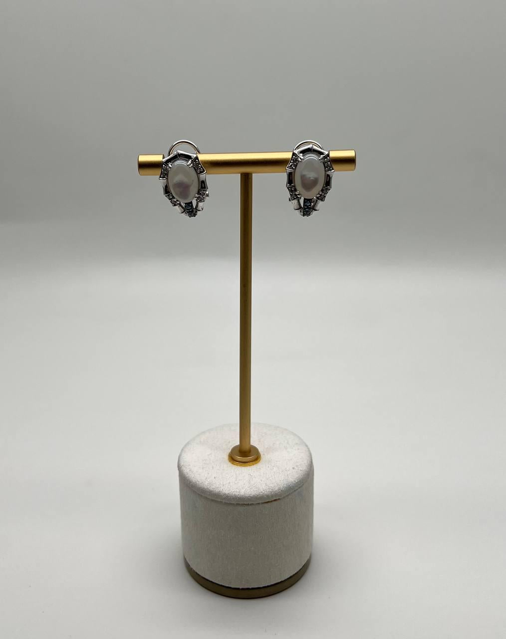 White Mother of Pearl Center Stone 14K White Stone Diamond Statement Earrings