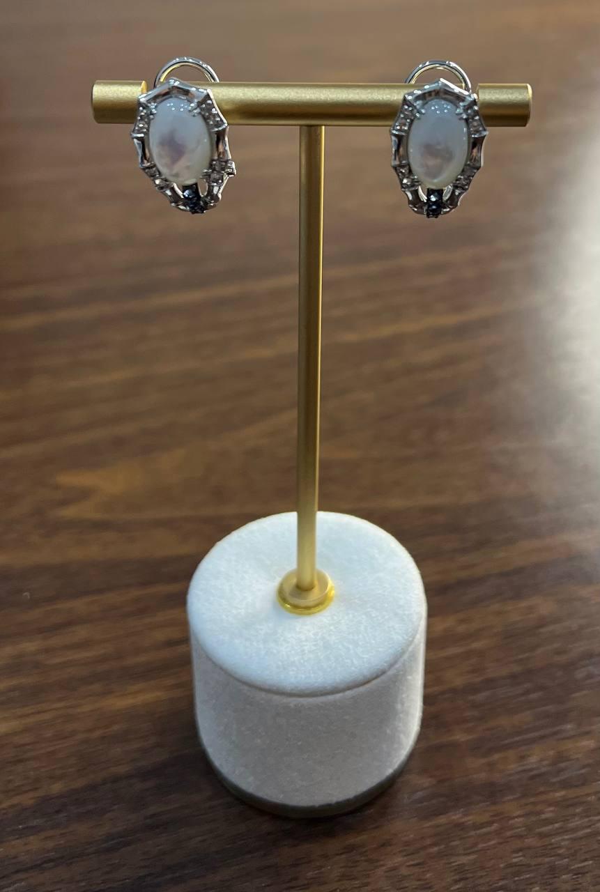 White Mother of Pearl Center Stone 14K White Stone Diamond Statement Earrings