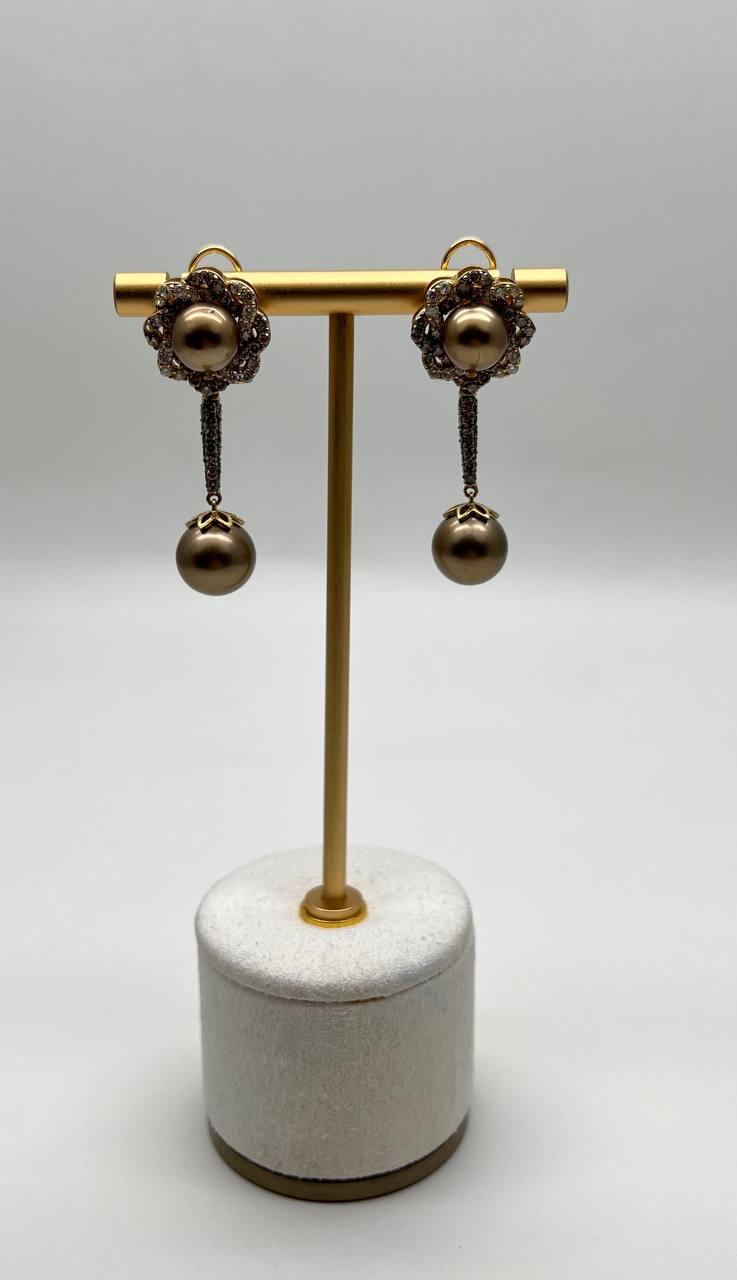 Dark Brown Silver Pearls Black Brown Diamonds Halo 14K Yellow Gold Drop Earrings