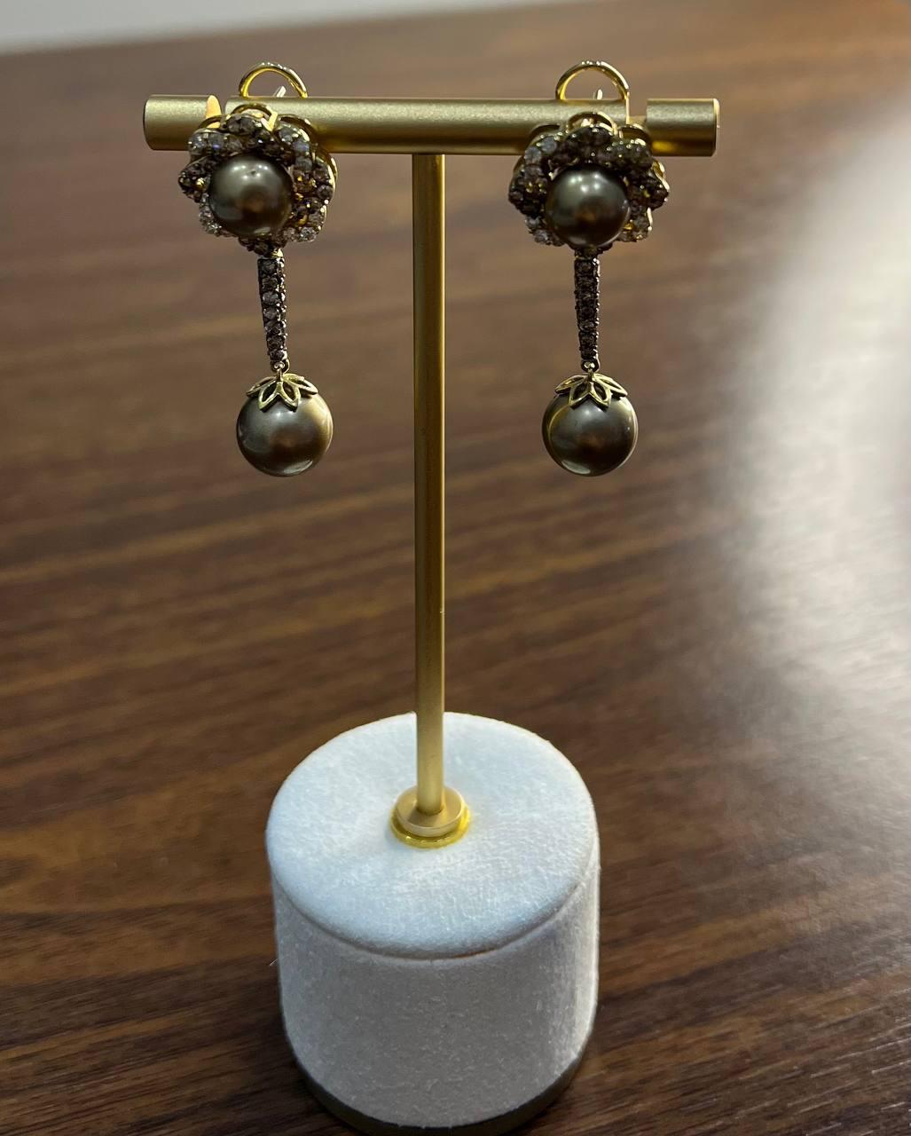 Dark Brown Silver Pearls Black Brown Diamonds Halo 14K Yellow Gold Drop Earrings