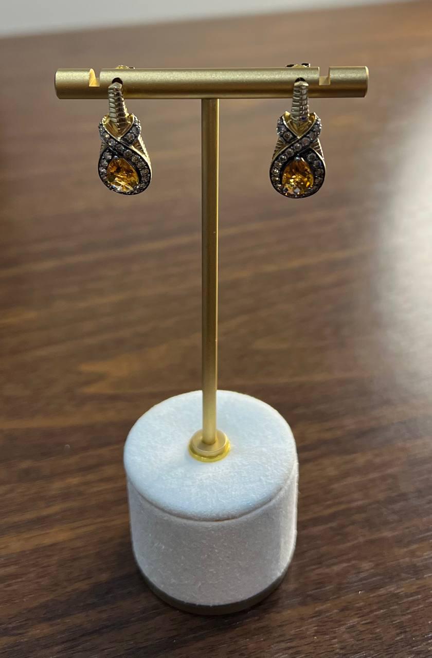 Pear Drop Shape Orange Citrine Brown Diamonds Halo Twist 14K Gold Drop Earrings