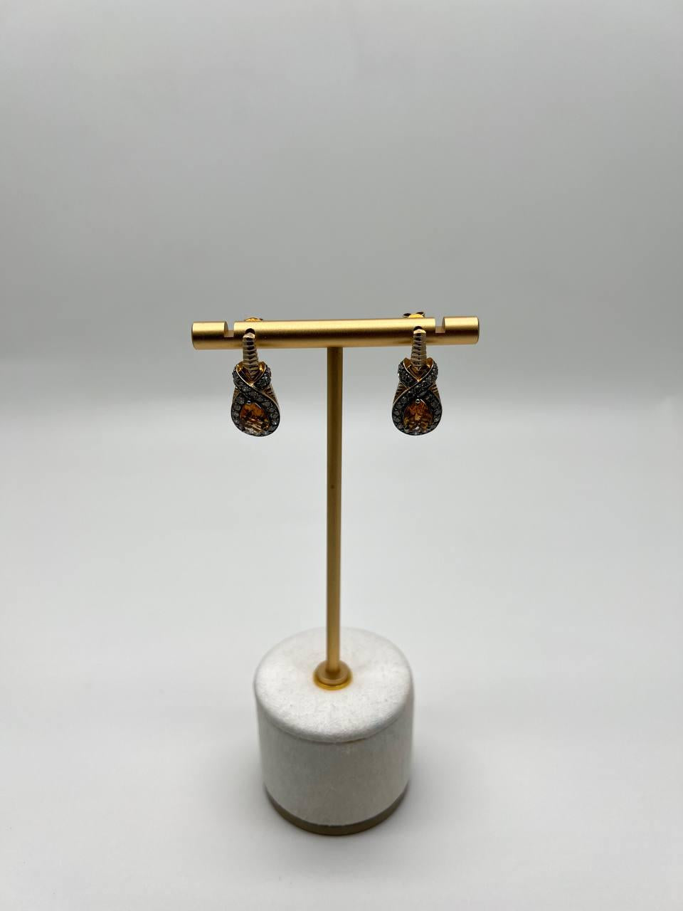 Pear Drop Shape Orange Citrine Brown Diamonds Halo Twist 14K Gold Drop Earrings
