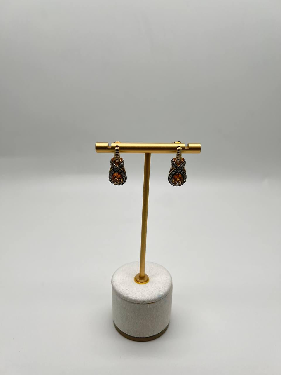 Pear Drop Shape Orange Citrine Brown Diamonds Halo Twist 14K Gold Drop Earrings