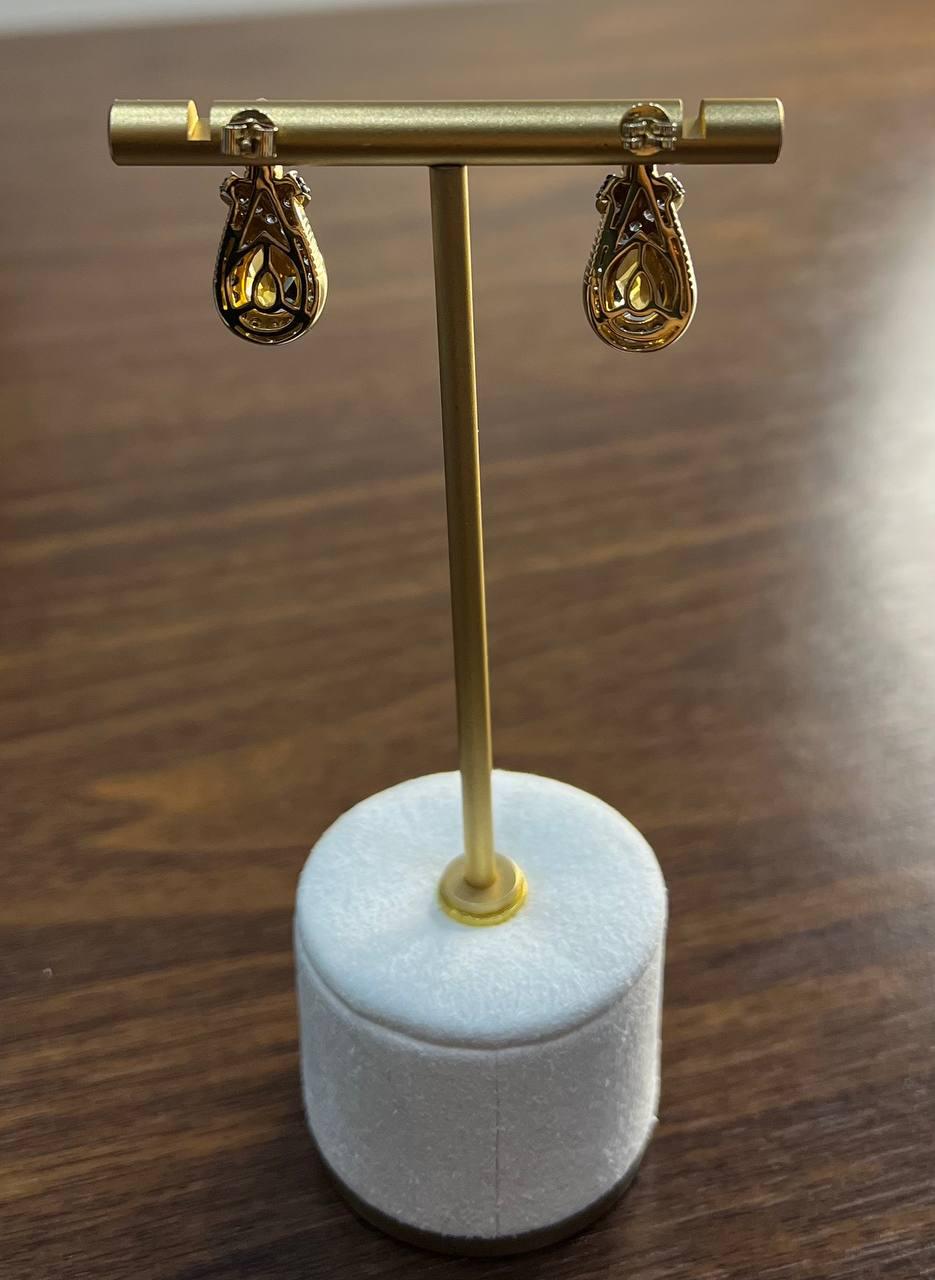 Pear Drop Shape Orange Citrine Brown Diamonds Halo Twist 14K Gold Drop Earrings