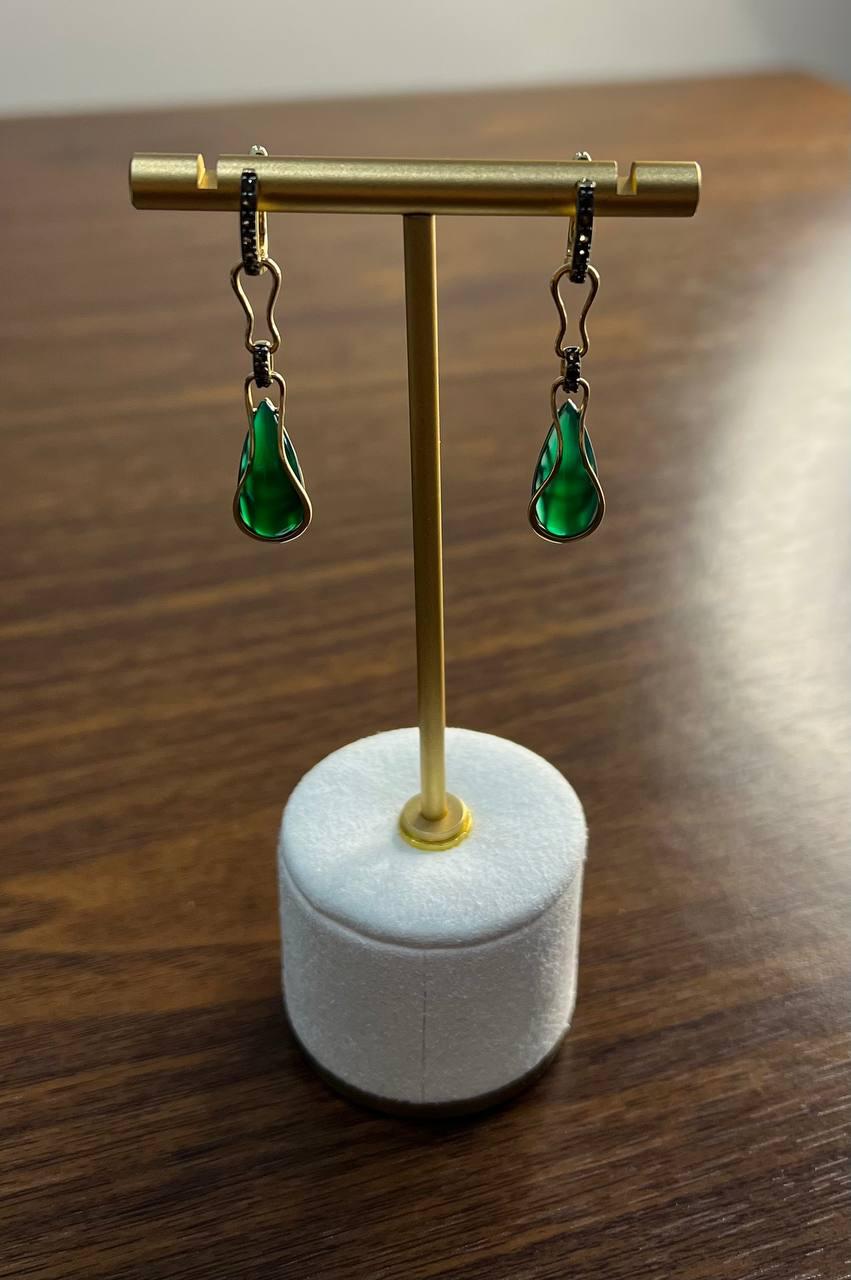 Two Emerald Teardrop 14K Yellow Gold Black Diamonds Wave Design Drop Earrings