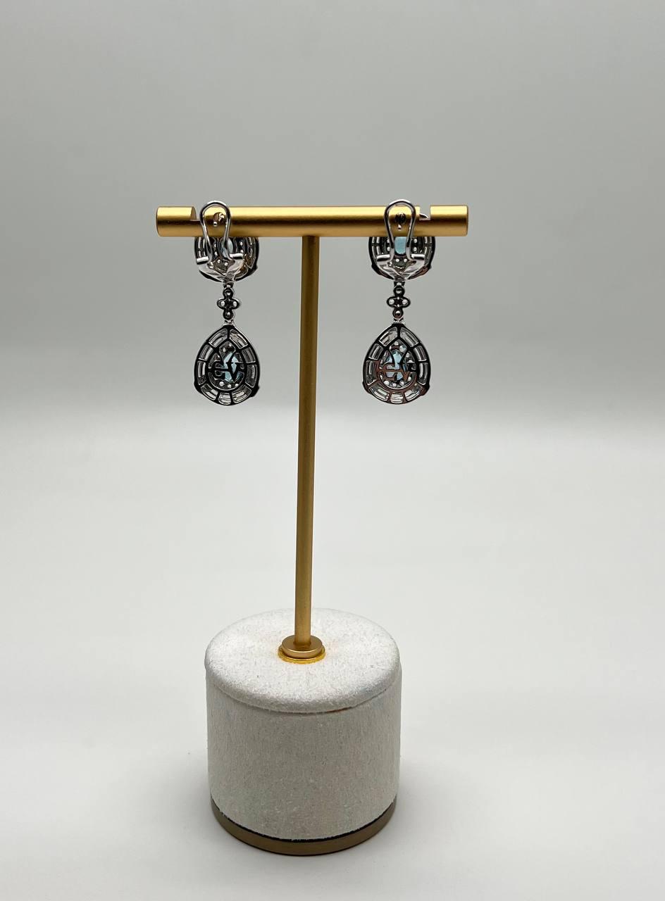 Fancy Blue Topaz White Diamond Halo 14K White Gold Fancy Drop Lattice Earrings