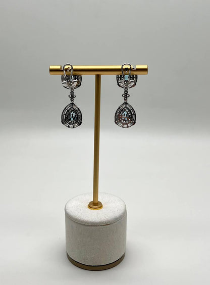 Fancy Blue Topaz White Diamond Halo 14K White Gold Fancy Drop Lattice Earrings