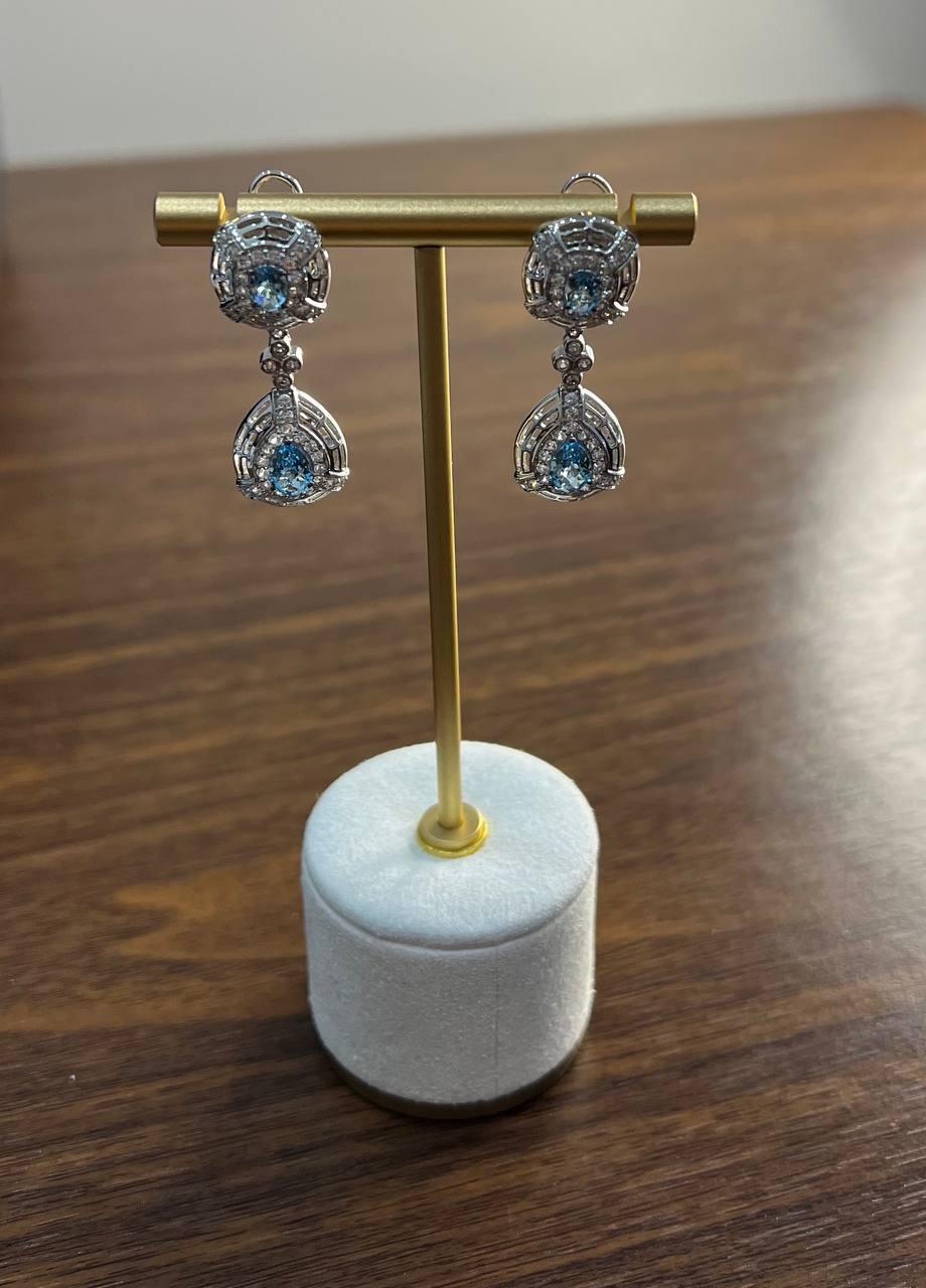 fancy blue topaz white diamond halo 14k white gold fancy drop lattice earrings
