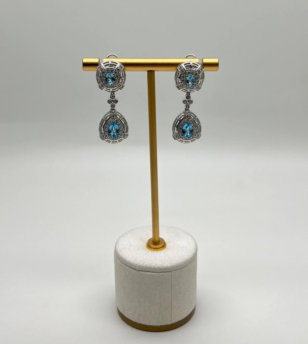 Fancy Blue Topaz White Diamond Halo 14K White Gold Fancy Drop Lattice Earrings
