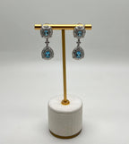 Fancy Blue Topaz White Diamond Halo 14K White Gold Fancy Drop Lattice Earrings