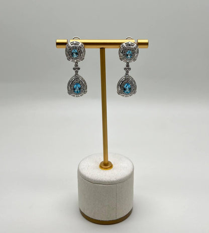 Fancy Blue Topaz White Diamond Halo 14K White Gold Fancy Drop Lattice Earrings