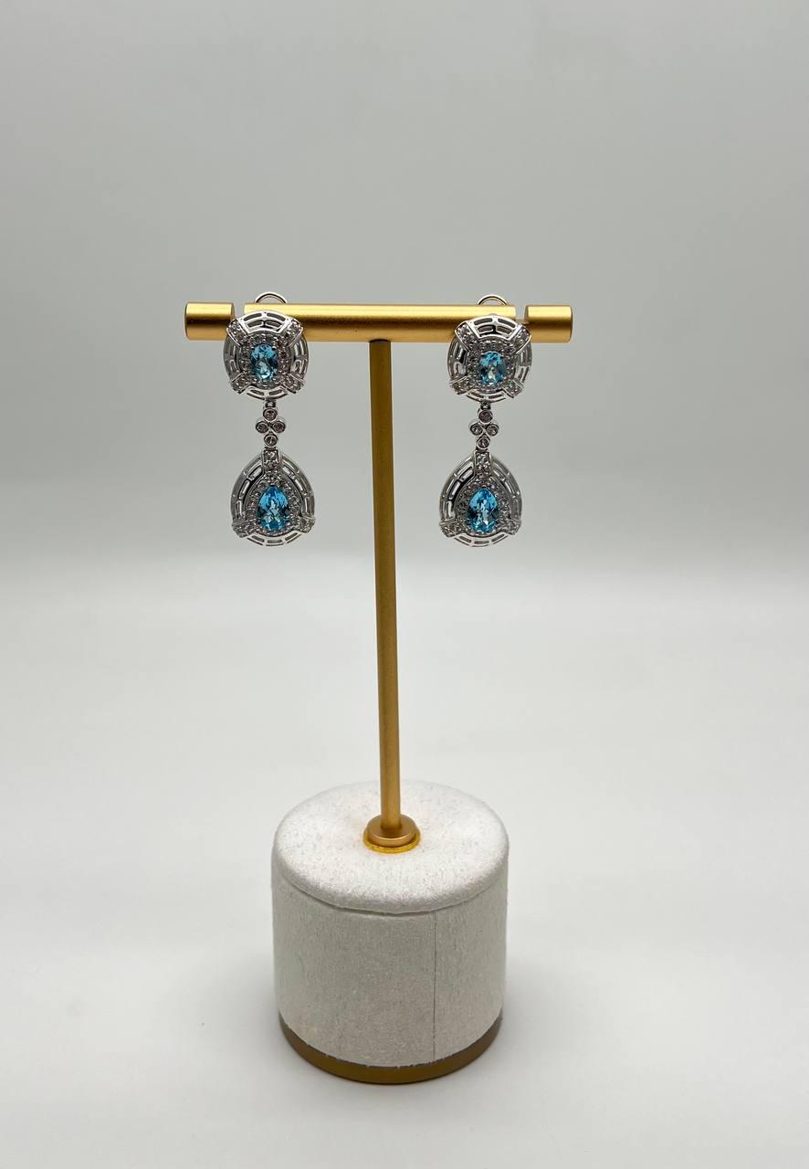 fancy blue topaz white diamond halo 14k white gold fancy drop lattice earrings
