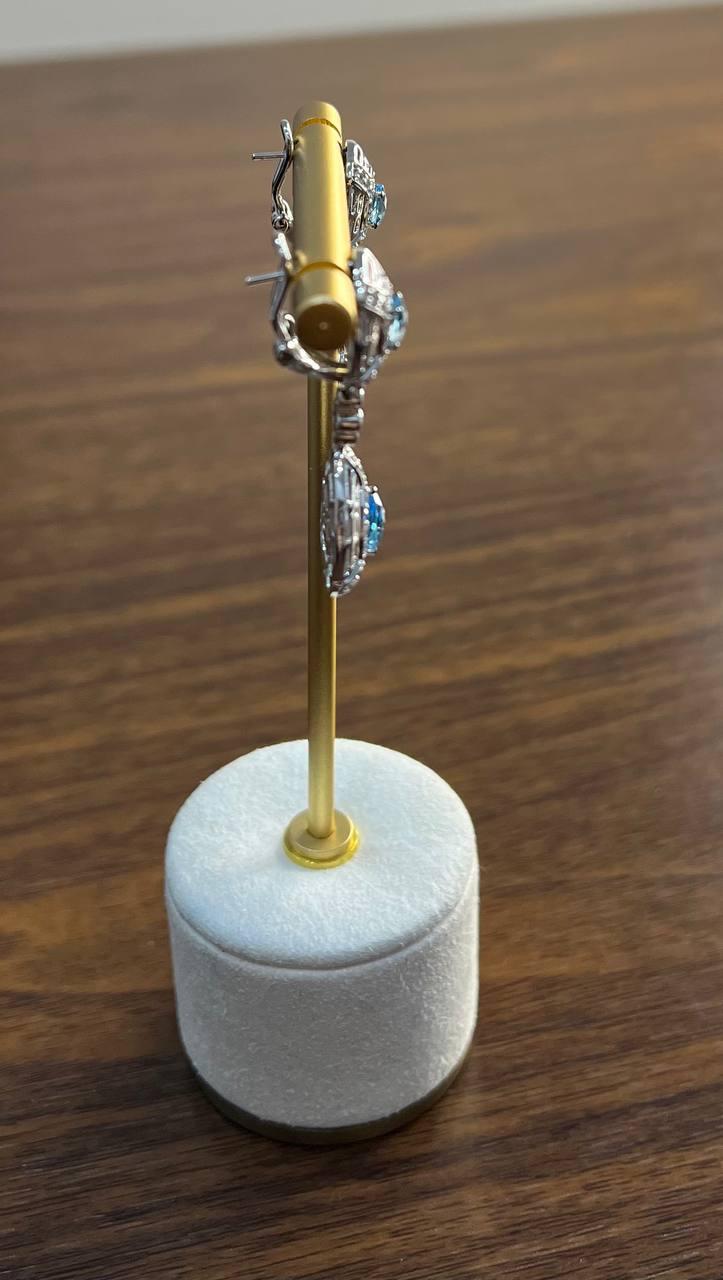 Fancy Blue Topaz White Diamond Halo 14K White Gold Fancy Drop Lattice Earrings